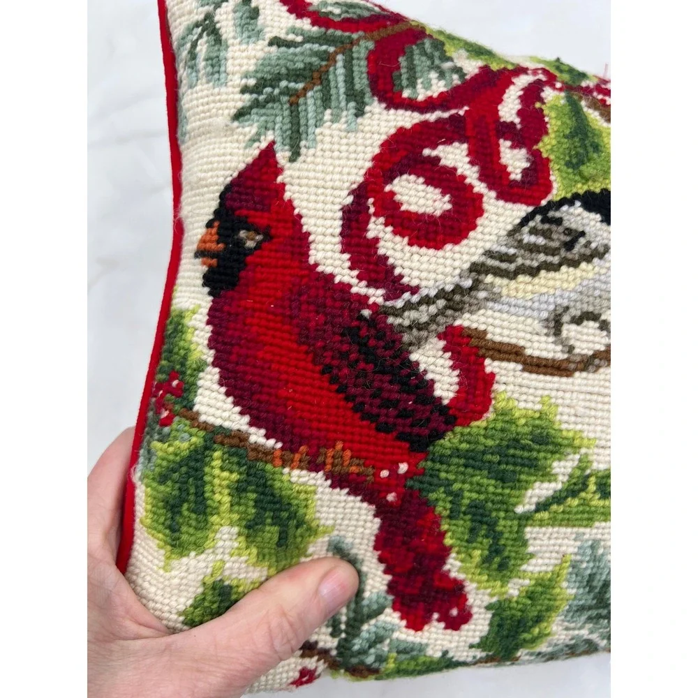 Vintage Needlepoint Christmas Bird Pillow Cardinal Chickadee Blue Jay Red Velvet
